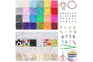 FEMBW 24 Colors 6mm Clay Beads for Bracelets Making, 7200 PCS Flat Round Polymer Heishi Beads with Letter and SmileyFace Beads,Clay Beads Kit with Pendant Charms and Elastic Strings for Jewelry Making