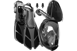 COZIA DESIGN Snorkeling Gear for Adults with Fins - Full Face Snorkel Mask and Swim Fins, 180° Panoramic View Snorkel Mask, Anti Fog and Anti Leak Adult Snorkel Set