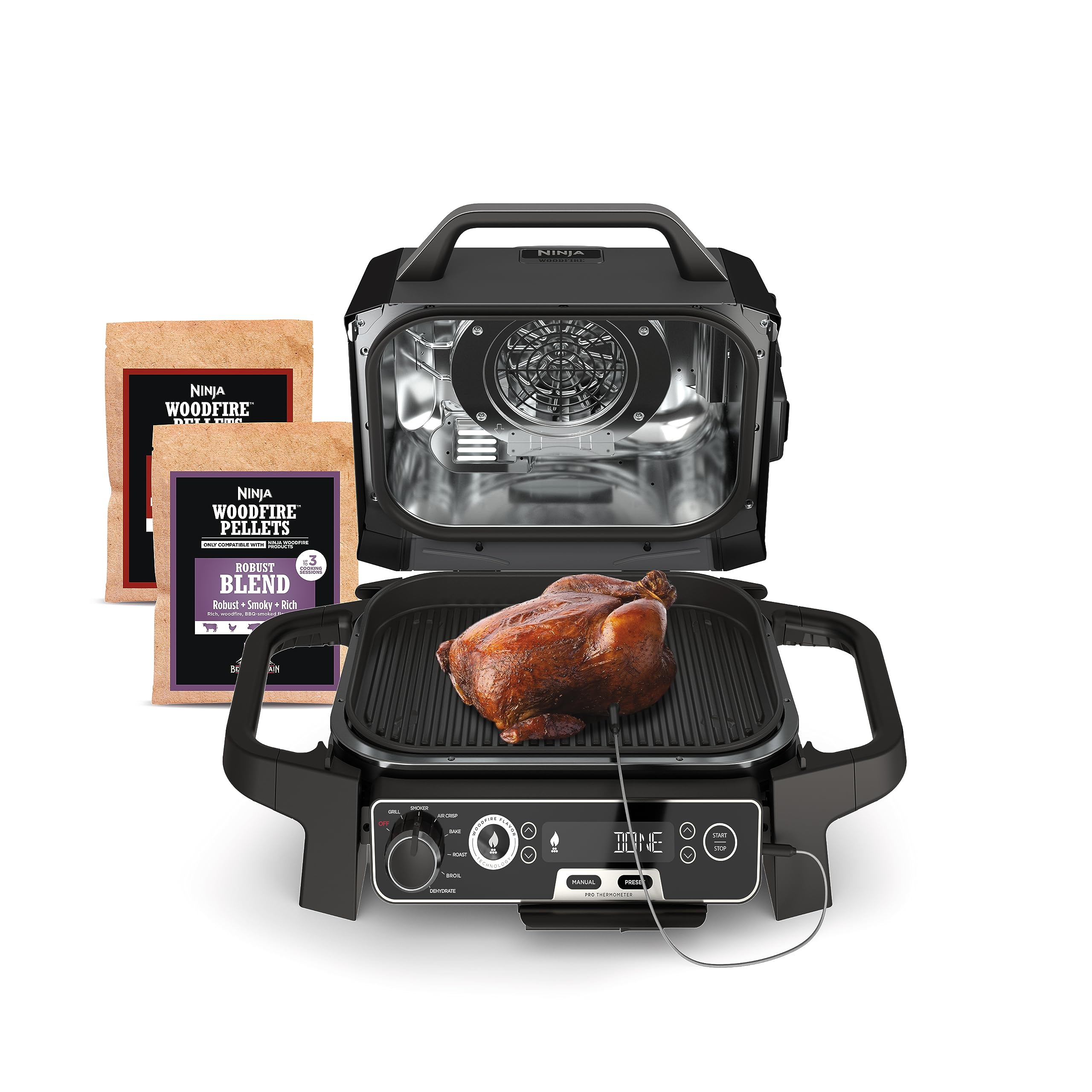 Photo 1 of ***USED****Ninja OG751 Woodfire Pro Outdoor Grill Built-In Thermometer,7-in-1 Master Grill,BBQ Smoker,& Outdoor Air Fryer Plus Bake,Roast,Dehydrate & Broil,Woodfire Technology,Weather-Resistant,Grey XL