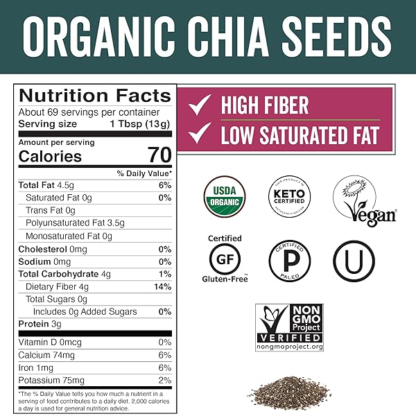 VIVA NATURALS ORGANIC CHIA SEEDS, 2 LB, 32 OZ – PLANT-BASED OMEGA-3 AND VEGAN PROTEIN, GLUTEN FREE & NON-GMO, PERFECT FOR SMOOTHIES, SALADS & CHIA PUDDING