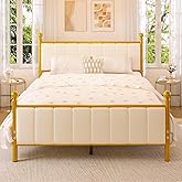 E-Motie Queen Size Bed Frame with Headboard, Upholstered Metal Platform Bed Frame Supported by Strong Metal Slats, No Box Spring Needed, Noise-Free, Easy Assembly, Gold/Beige