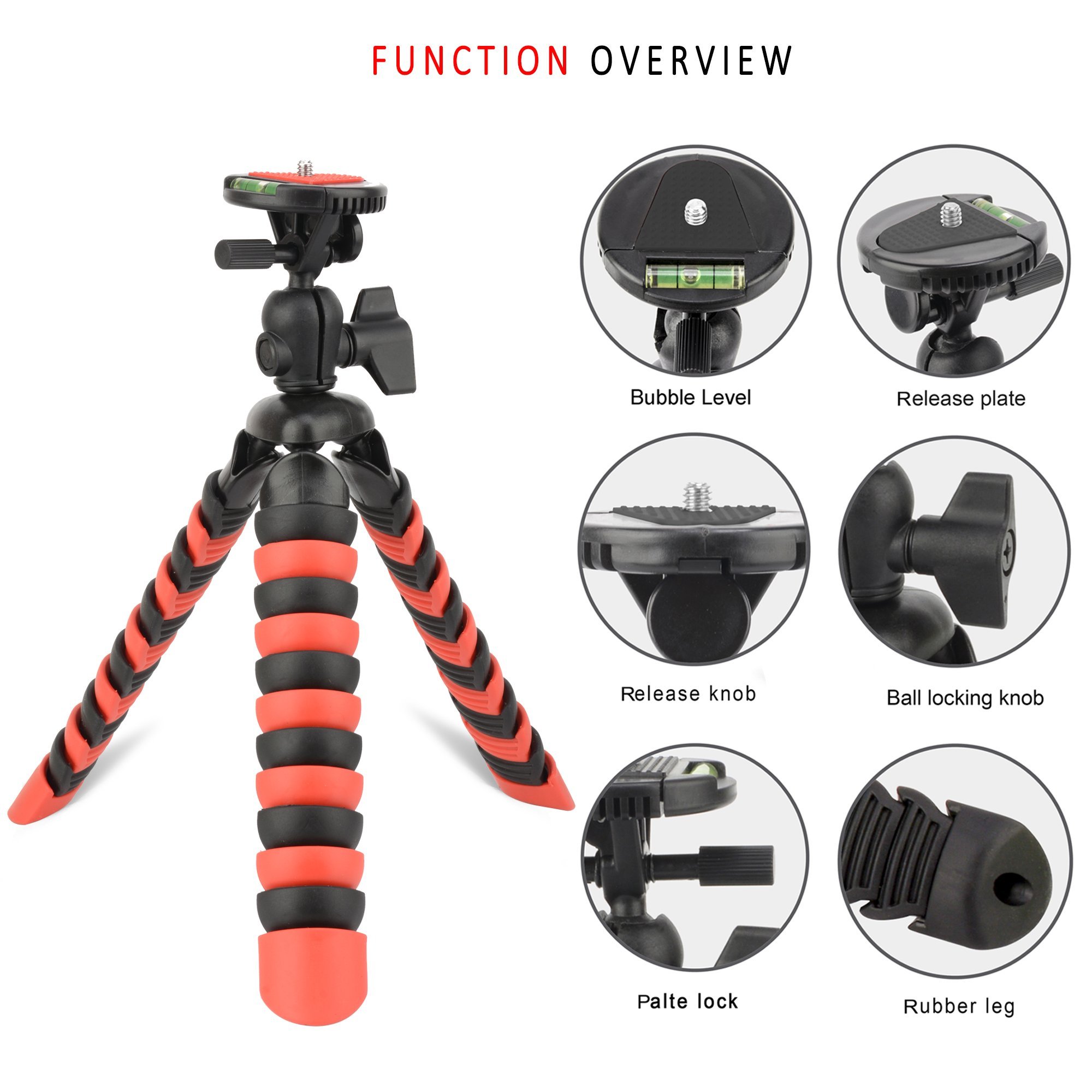 Tairoad Trípode flexible de 12 pulgadas con la pierna plegable y Smartphone libre y adaptador del montaje de Gopro El mejor trípode del recorrido (rojo + negro) …