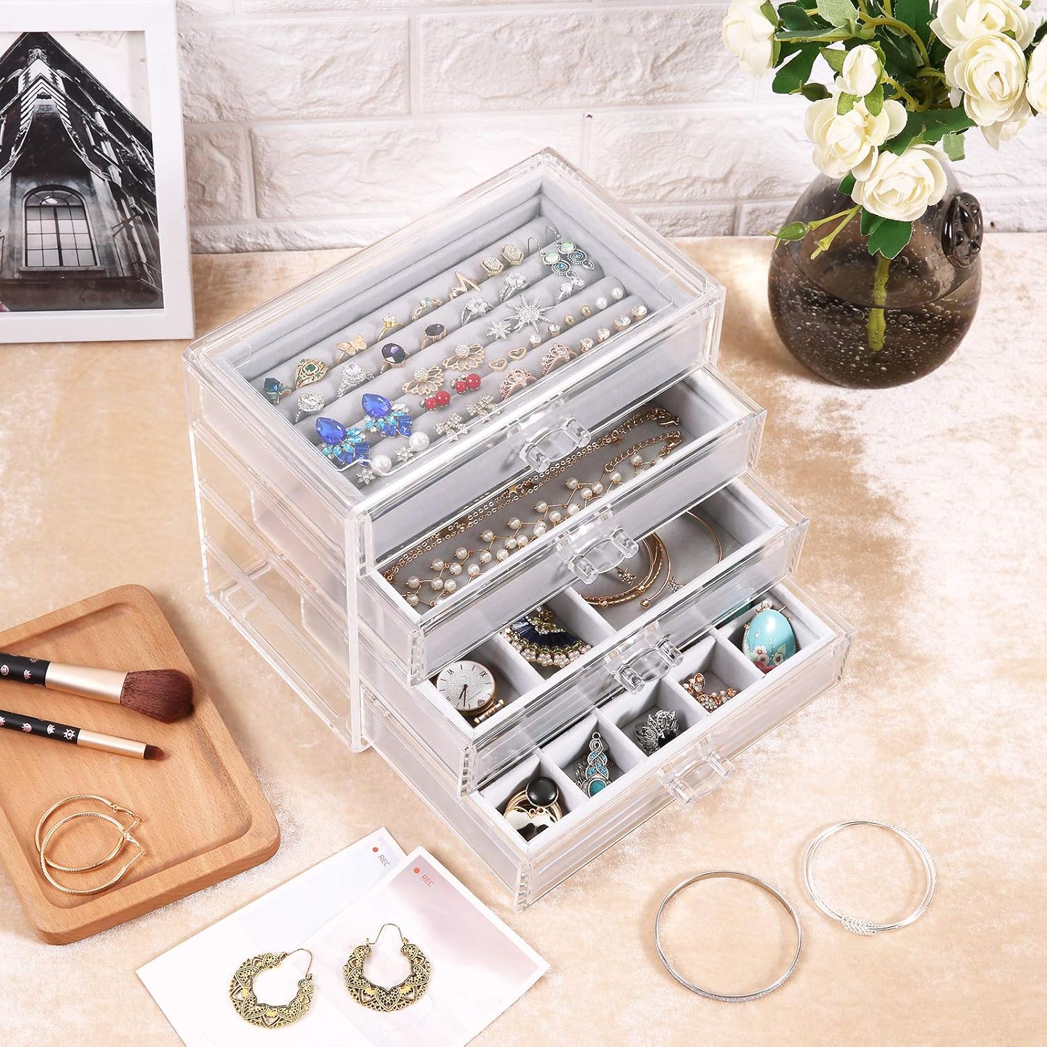 DIJA Acrylic Jewelry Box with 4 Drawers, Velvet Jewelry Organizer for Earring Bangle Bracelet Necklace Rings Clear Acrylic Jewelry Display case, Gray: Home Improvement