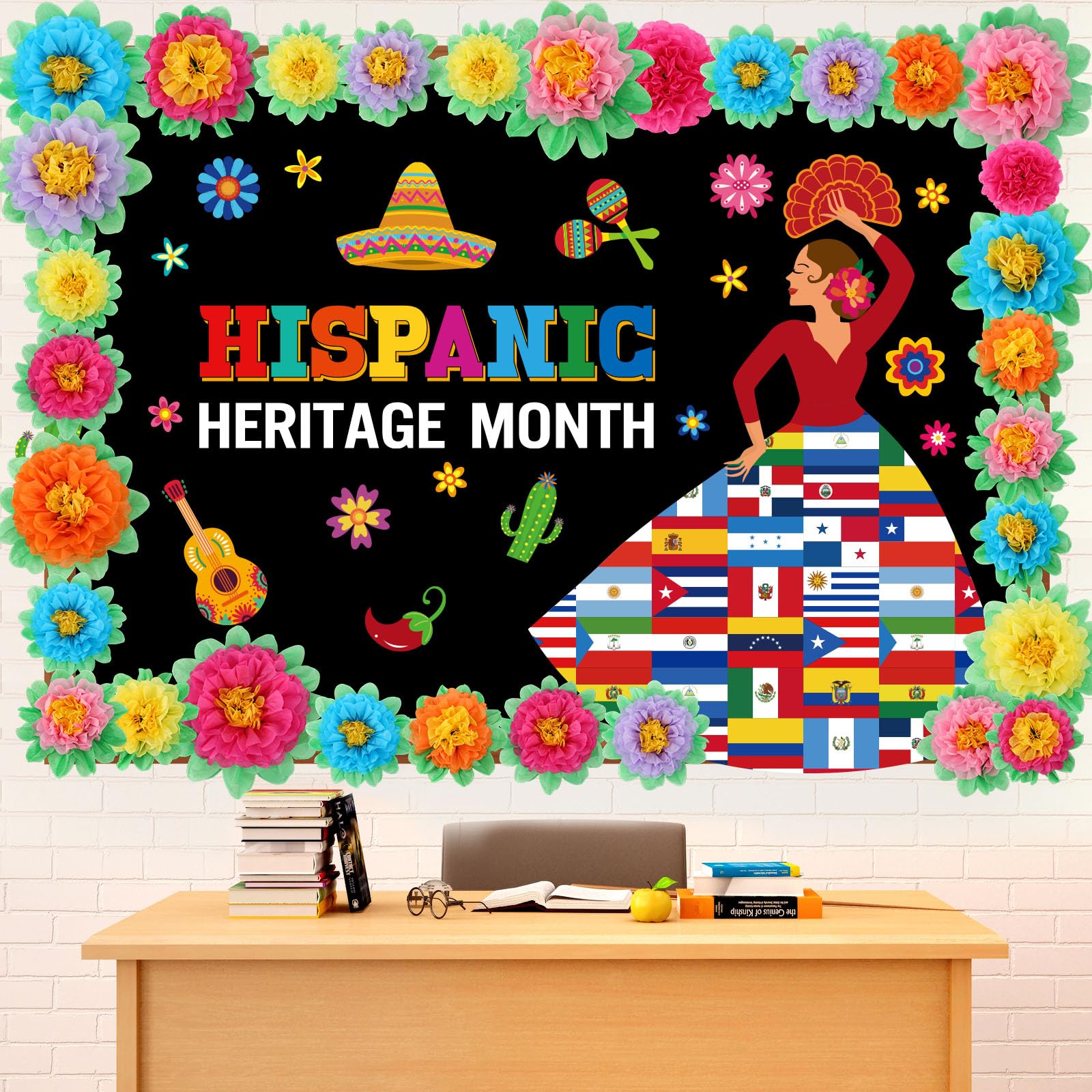 Photo 1 of Funrous 83 Pcs Hispanic Heritage Month Bulletin Board Decorations Spanish Classroom Decor Hispanic Heritage Bulletin Board Latin American Cutouts with 3D Paper Flower for Classroom Home Decor (Flag)