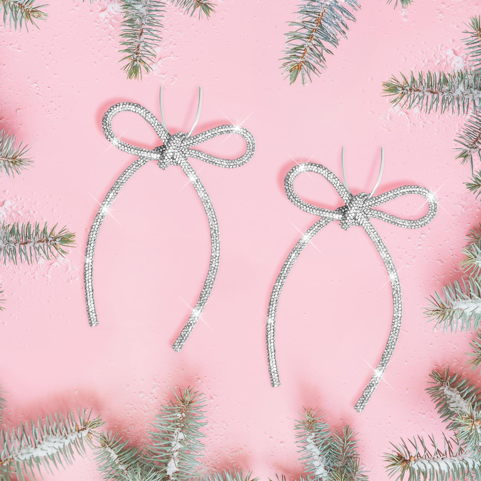 Photo 1 of 6 Pcs 4.3" x 6" 2025 Christmas Bows for Tree Decor, Silver Sparkly Glitter Rhinestone Bow Ornaments with Twist Tie for Xmas Decoration, Wreath, Garland, Gift Wrapping