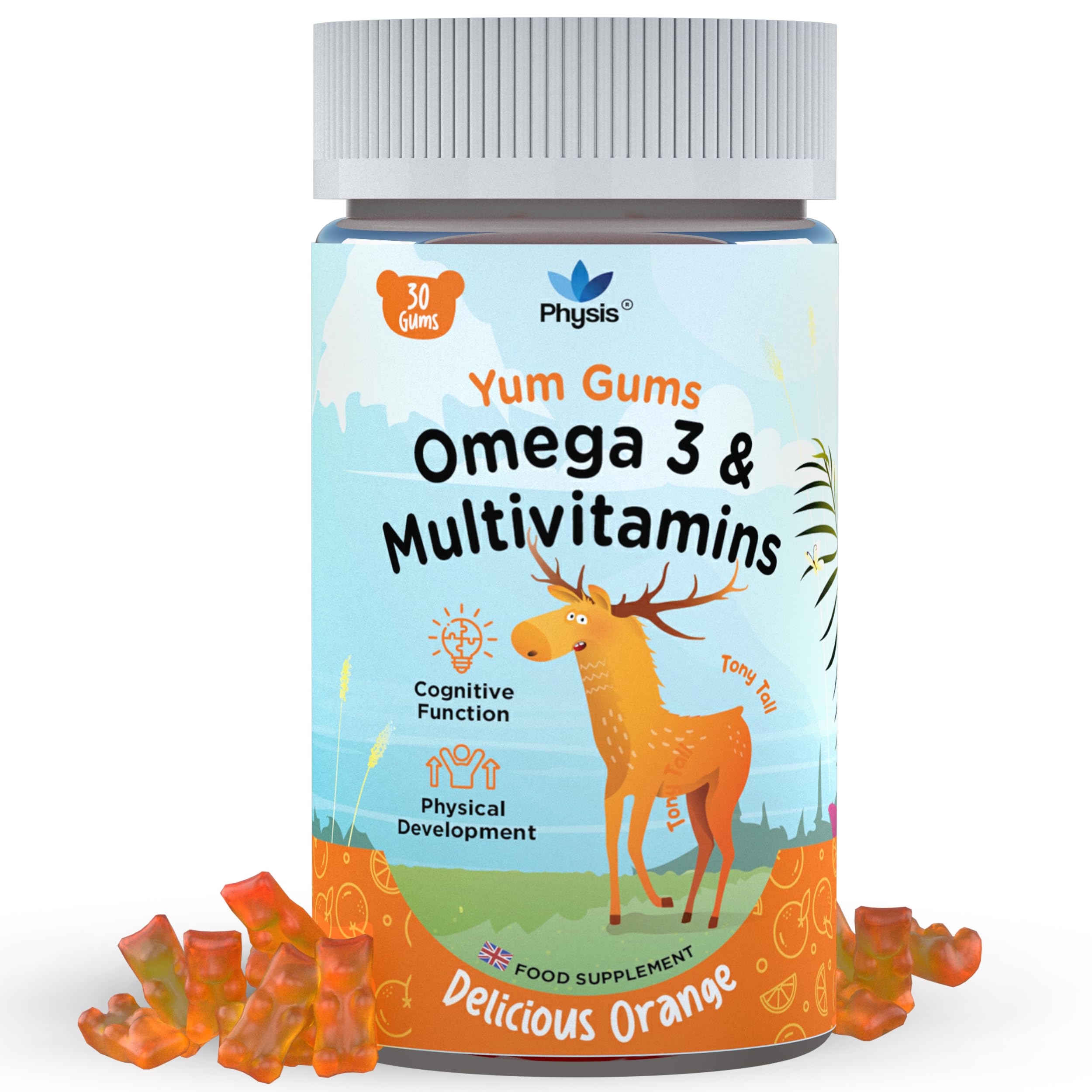 Physis Kids Multivitamin Omega Gummies | Ages 2+ | 30 Orange Flavour Chewable Vitamins C, D, Omega 3 & More | Kids Vitamins Chewies for Cognition, Energy & Support Growth | Children's Multivitamins