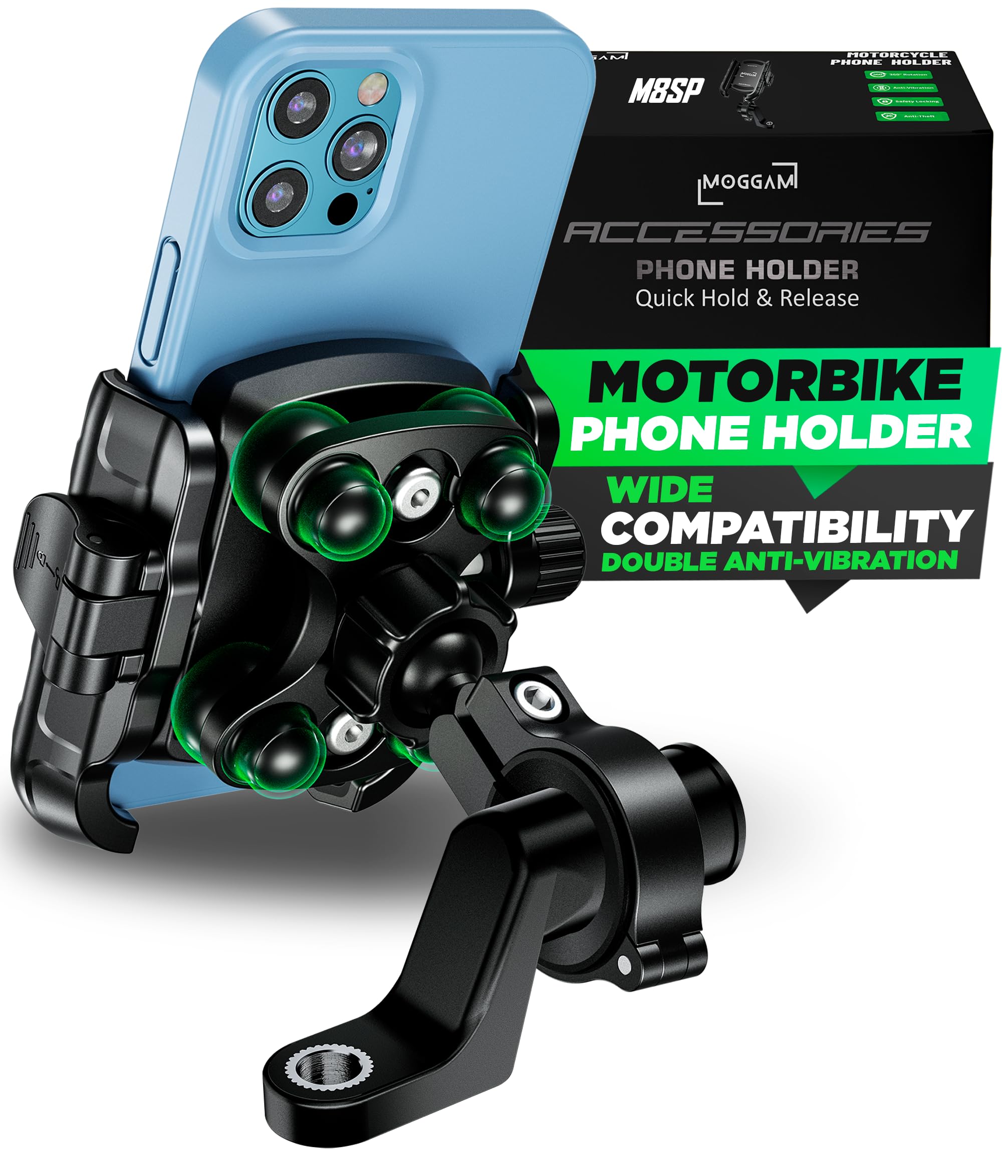 Motorbike Phone Holder Anti Vibration CNC Aluminium Handlebar Rear View Mirror Mount 12–14mm Bar Quick Release Open Design Camera Access Fits Motorcycle Scooter Bike Electric Scooter 360° Rotation