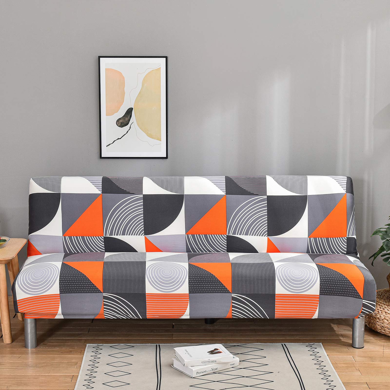 Mingfuxin Armless Sofa Bed Cover, Spandex Stretch Futon Slipcover Protector, Non-Slip Elastic Folding Couch Sofa Shield Fits for 2-3 Seater Folding Sofa Bed without Armrests(Printed # 3259)