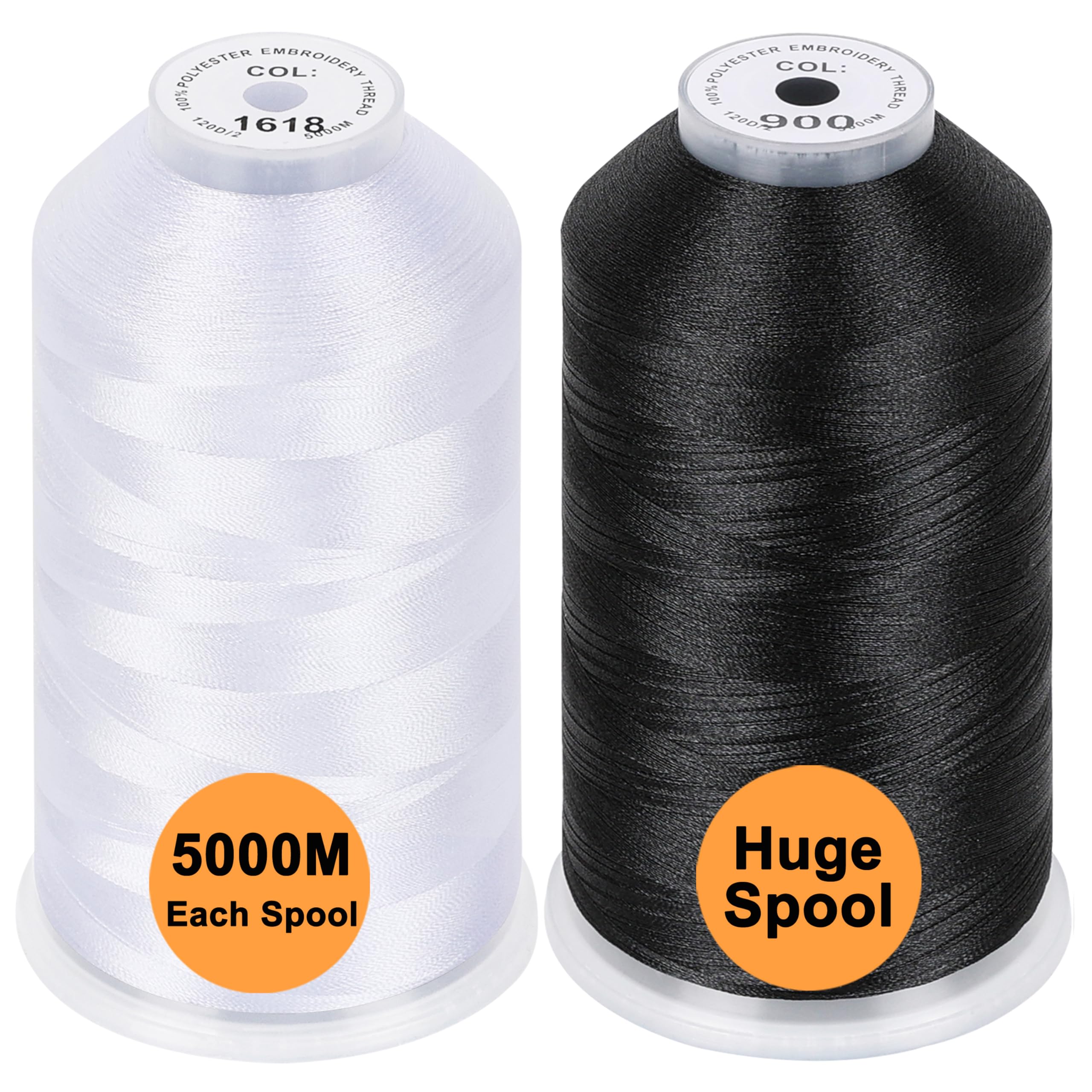 New brothread Set of 2 (White + Black) Polyester Machine Embroidery Thread Huge Spool 5000M for All Embroidery Machines