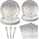 UVTQSSP 96PCS Glitter Party Paper Plates and Napkins Party Supplies, Disposable Tableware Set for Birthday Wedding Anniversaries Decorations, Serve for 24 Guests, Glitter Diamond