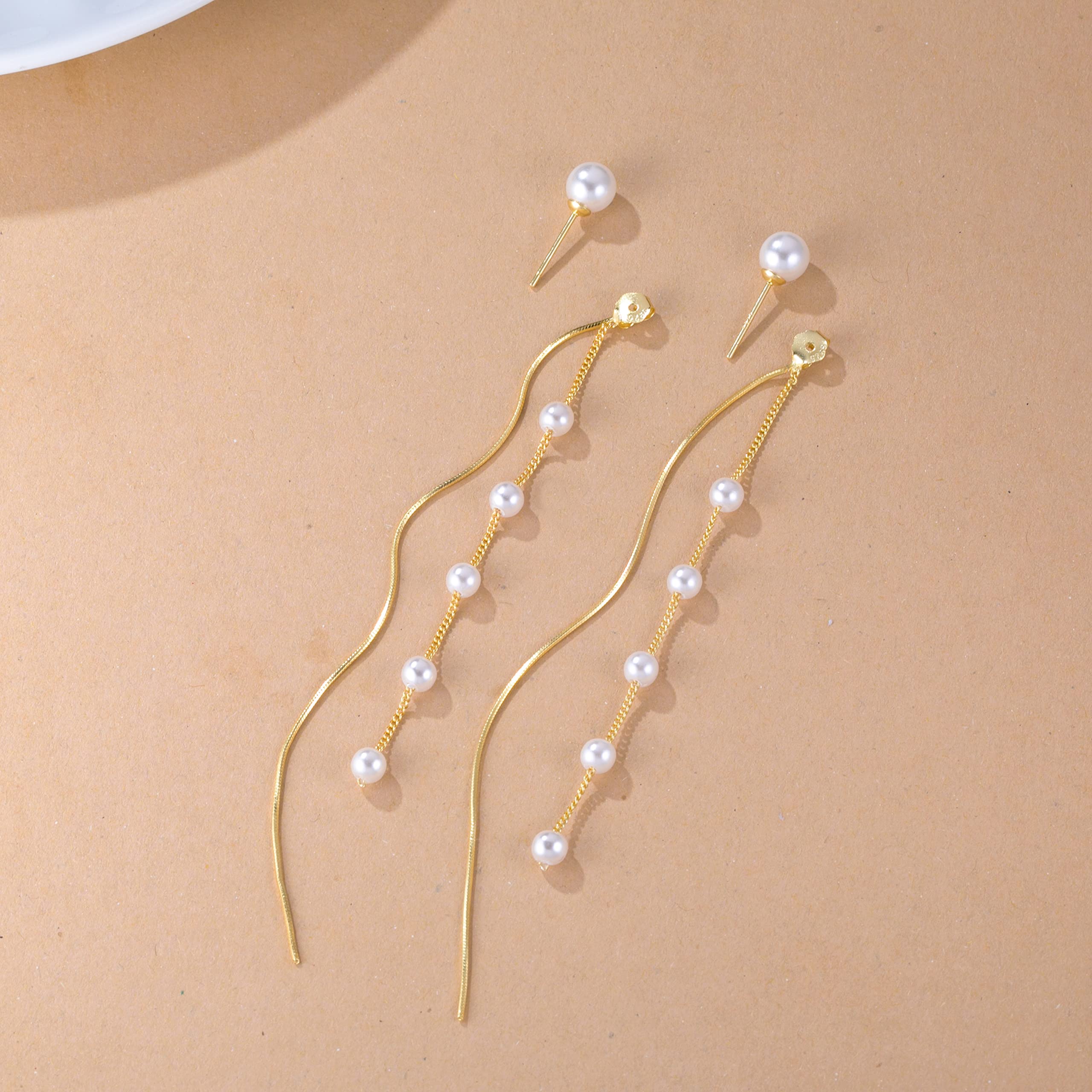 SLUYNZ Solid 925 Sterling Silver Simulated Shell Pearl Dangle Earrings for Women Teens - Elegant Long Chain Tassel Wedding Earrings
