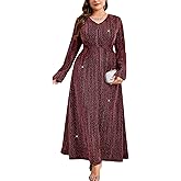 ZOMVA Plus Size Sparkly Formal Dress A-Line V-Neck Long Sleeve Glitter Maxi Gown Wedding Guest Cocktail Evening Party