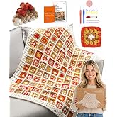 Kitcroet Crochet Kit for Beginners, Granny Square Blanket Easy Crochet Kit | Complete Crochet Blanket Kit 20 Skeins Yarn, Video &amp; Written Instructions, 34" x 45" Blanket Starter Kit, Warm Retro Brown