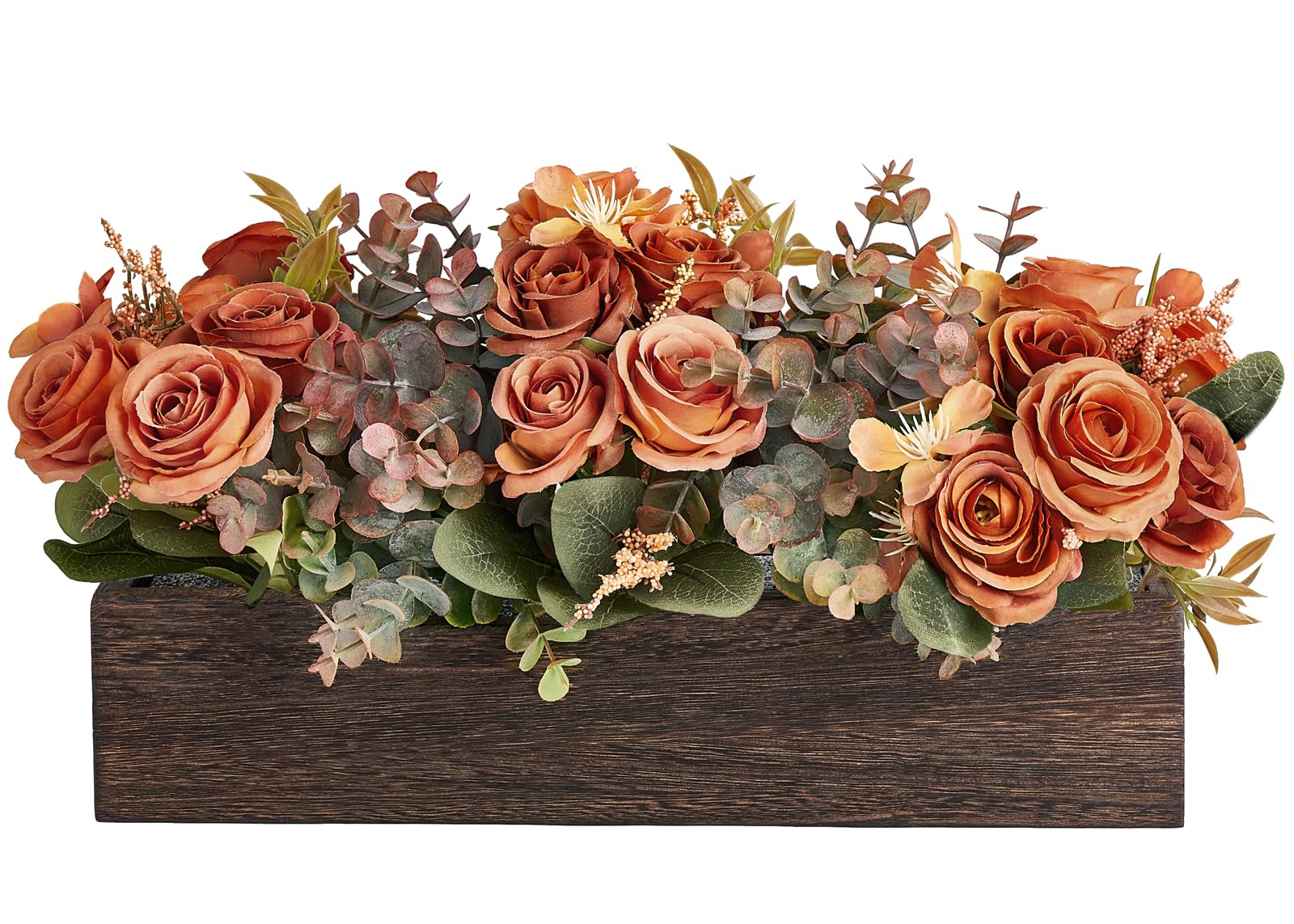 Photo 1 of Dahey Centerpiece Table Decorations for Dining Room Farmhouse Living Room Fall Table Centerpieces Decor Wood Tray with 3 Artificial Flowers and 2 Eucalyptus for Kitchen Table, Orange