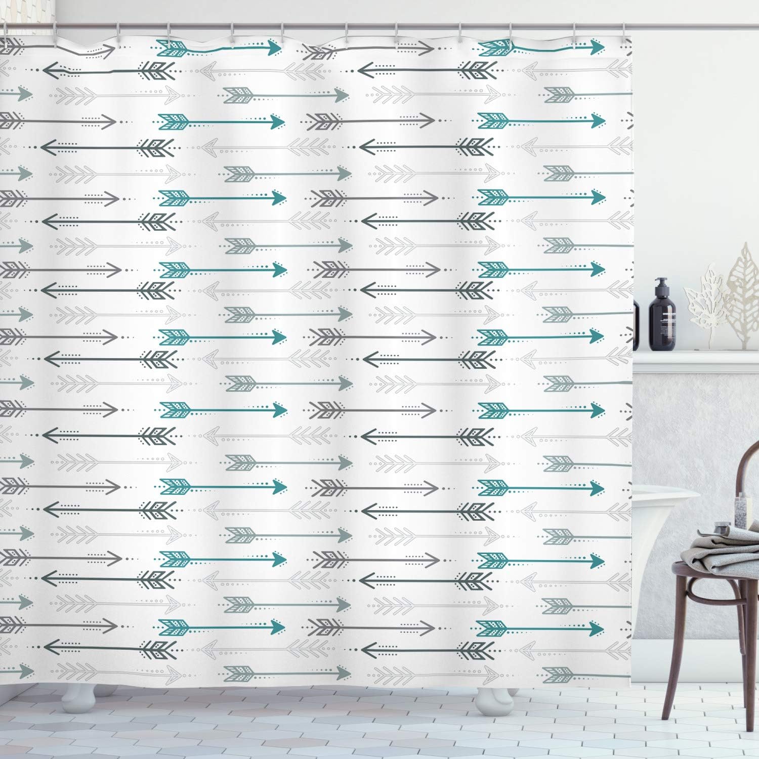 Ambesonne Teal Shower Curtain, Retro Arrow Pattern in Horizontal Line Heading to Opposite Directions Art Print, Cloth Fabric Bathroom Decor Set with Hooks, 70" Long, Grey Teal White