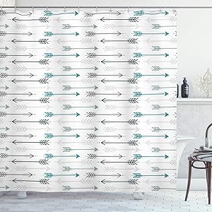 Ambesonne Teal Shower Curtain, Retro Arrow Pattern in Horizontal Line Heading to Opposite Directions Art Print, Cloth Fabric Bathroom Decor Set with Hooks, 70" Long, Grey Teal White