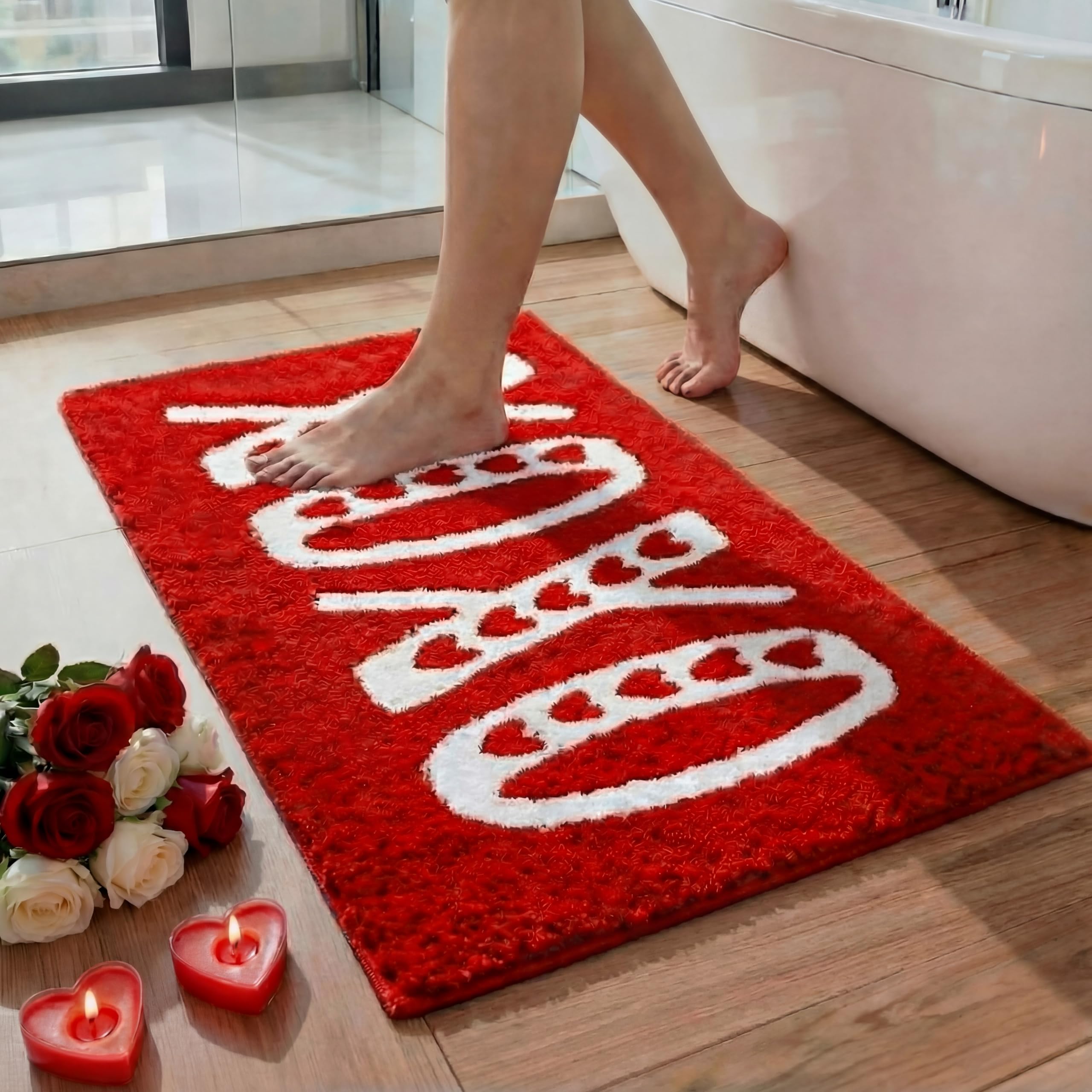 Photo 1 of Duraaamo Valentines Bathroom Rug Red White Love Heart XOXO Tufted Bath Mat 20 x 32 Inch Absorbent Non Slip Rectangle Anniversary Wedding Mat Floor Doormats Rugs for Tub Home Living Room