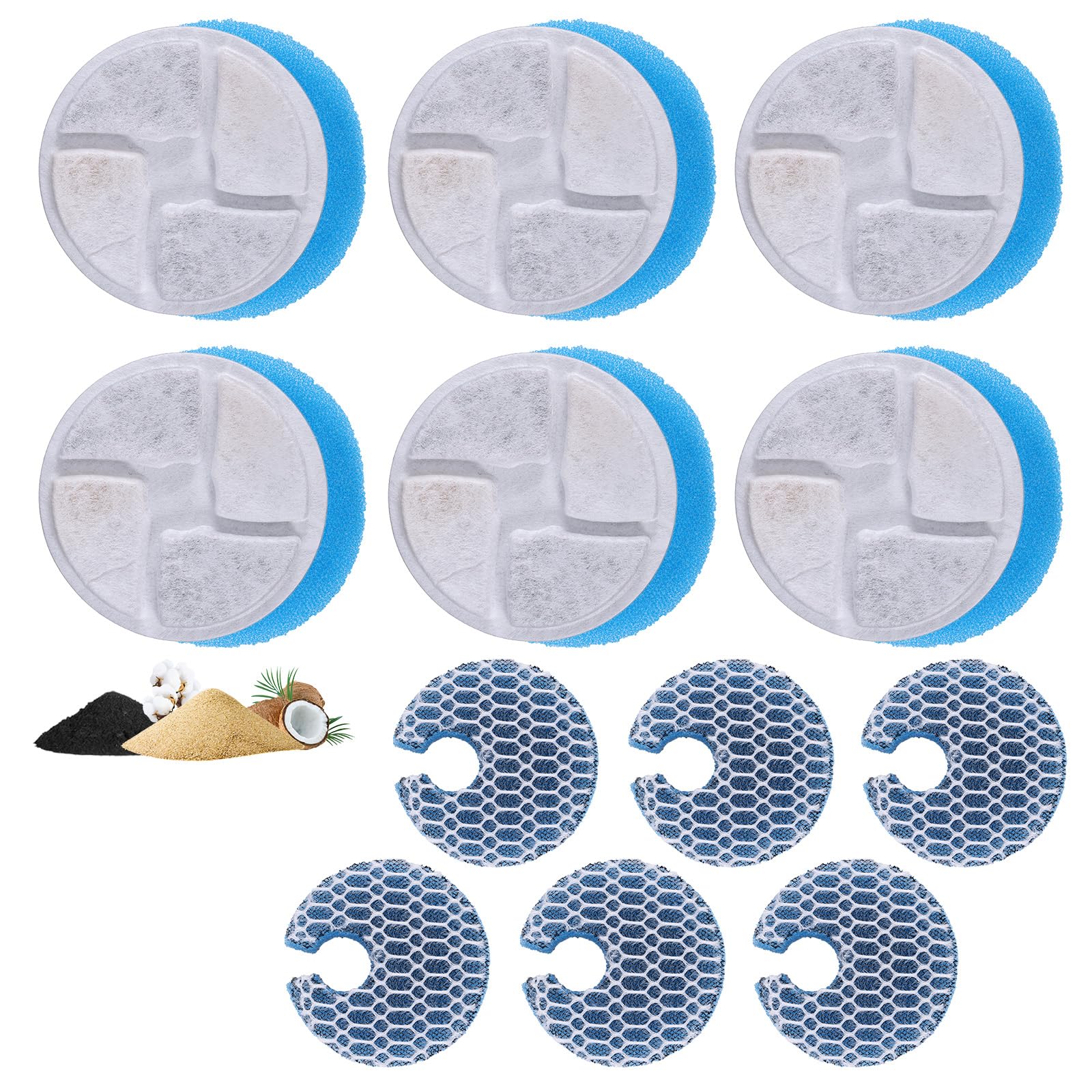 6 Set Cat Water Fountain Filters, 3 Triple Filtration System Cat Drinking Filter Replacement Activated Carbon Filters for 67oz/2L Stainless Steel Pet Fountain