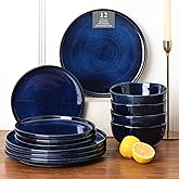 Vicrays Ceramic 12 Pieces Dinnerware Set - Dinner Plates Salad Plates Cereal Bowls Set Service for 4 - Scratch Resistant Microwave Oven Dishwasher Safe - Blue