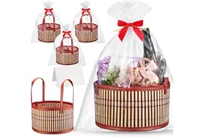 Weysat 3 Set Baskets for Gifts Empty Christmas DIY Bulk Large Woven Bamboo Gift Basket Kit with Handle Wrap Bag Red Bow to Fill for Xmas Wedding Birthdays Party Wrapping (Red)