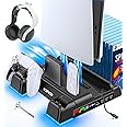 PS5/Slim/Pro Stand and Cooling Station with LED Controller Charging Station for PlayStation 5 Console, Controller Charger, Cooling Stand, PS5/Slim/Pro Accessories Kit with 3 Level Cooling Fan - Black