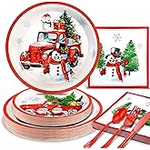 Gudvilla 150Pcs Christmas Paper Plates and Napkins Sets, Disposable Christmas Plates and Napkins, Serve 25 Guests, Santa Winter Holiday Party