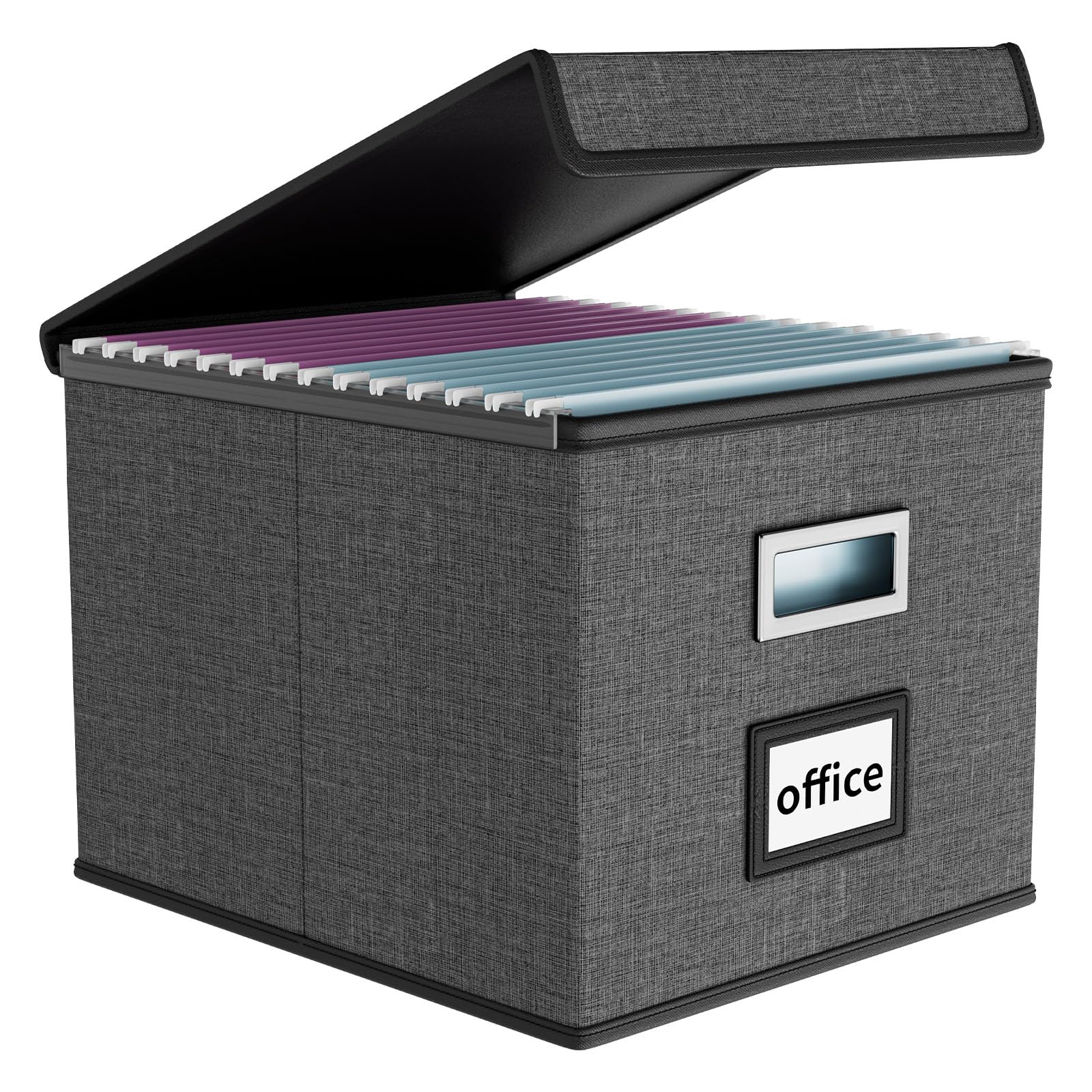 Finew Upgraded Portable File Organiser Box with Lid, Foldable Linen Hanging Filing Storage Boxes with Plastic Slide, Decorative Home/Office Filing System for File and Folders Storage (Dark Grey)
