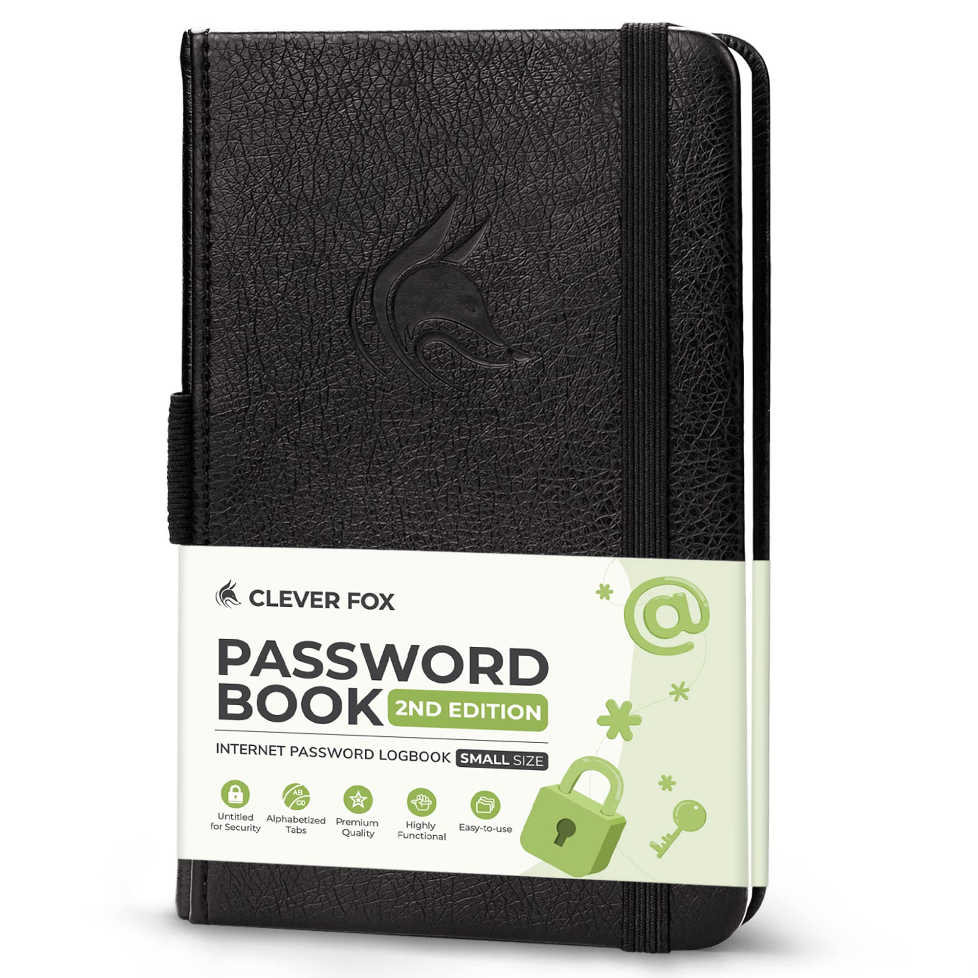 Clever Fox Password Book 2nd Edition Small – Pocket Password Keeper with Laminated Alphabetical Tabs – Internet Address Notebook & Login Details Organizer Journal – 8.9x14.2cm (Black)
