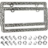 Valor Metal Car License Plate Frames,Antique Old Pattern Printing, Bling Crystal Rhinestones Inlaid,Universal 2 Holes Automotive Replacement Parts Plate Holder(2 Pack)