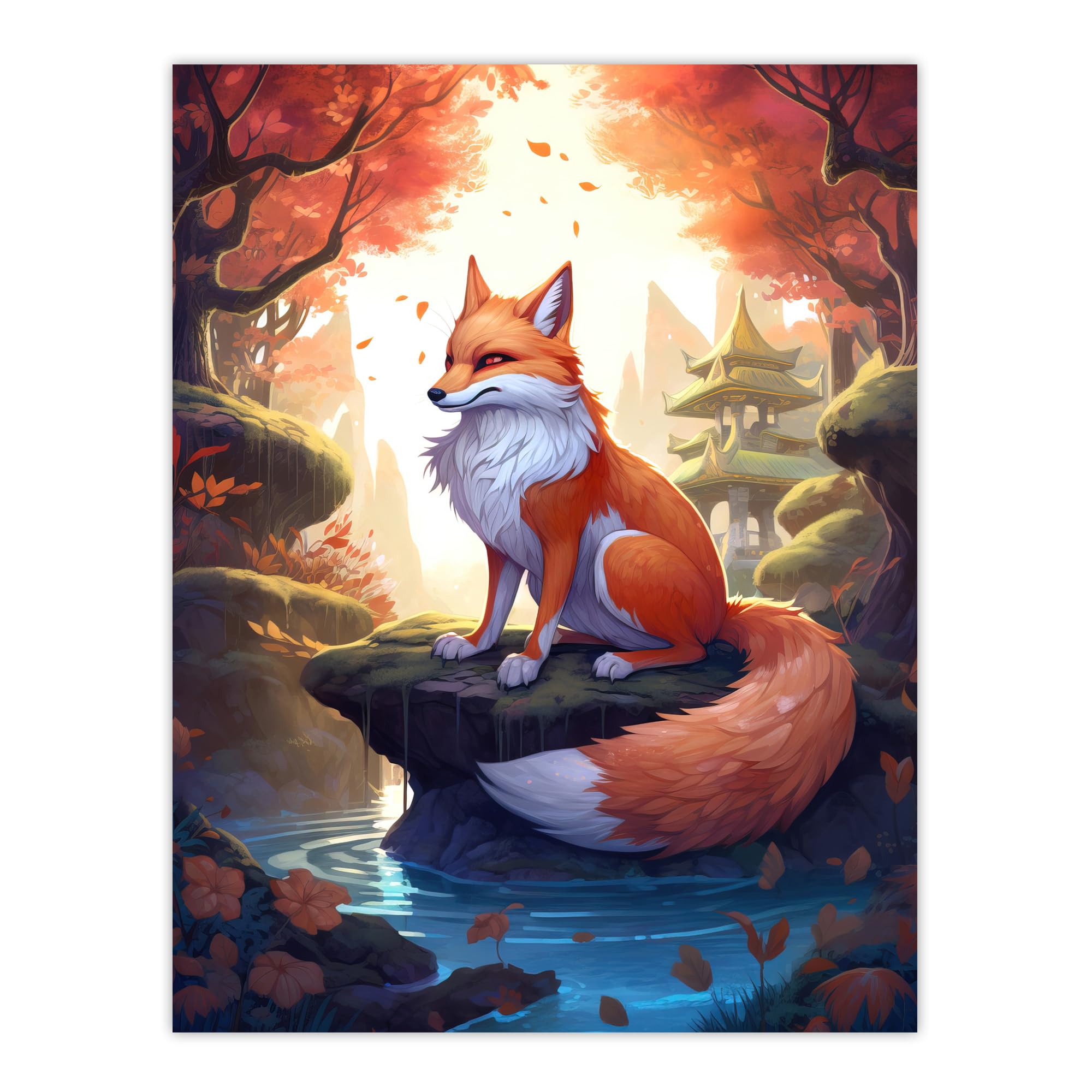 Artery8 Kitsune Fox Spirit Painting Orange Green Blue Digital Art Conceptual Depiction Mythical Creature in Autumn Forest Landscape with Temple Extra Large XL Wall Art Poster Print