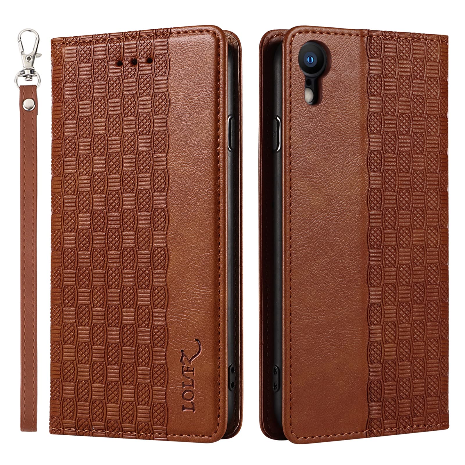 LOLFZ Case for iPhone XR, Leather Flip Wallet Case Card Slots Kickstand Wrist Strap Protective Magnetic Phone Case Cover for Apple iPhone XR - Brown