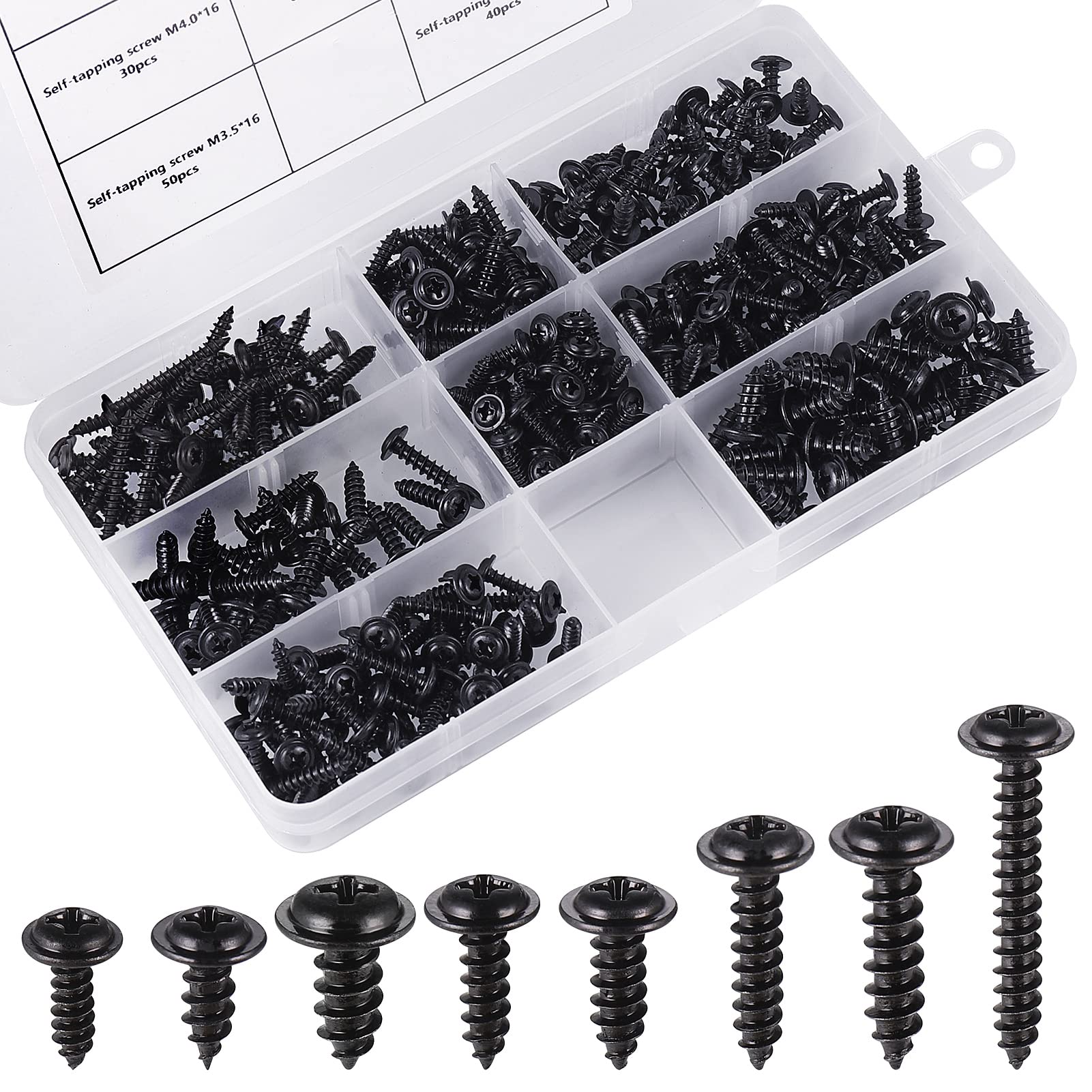 Fentar 350PCS Self Tapping Screws, Black Screws Assortment M3 M3.5 M4 M4.8, Carbon Steel Pan Head Galvanized Small Anti-rust Drilling Wood for Repairing with Storage Box, 8 Size