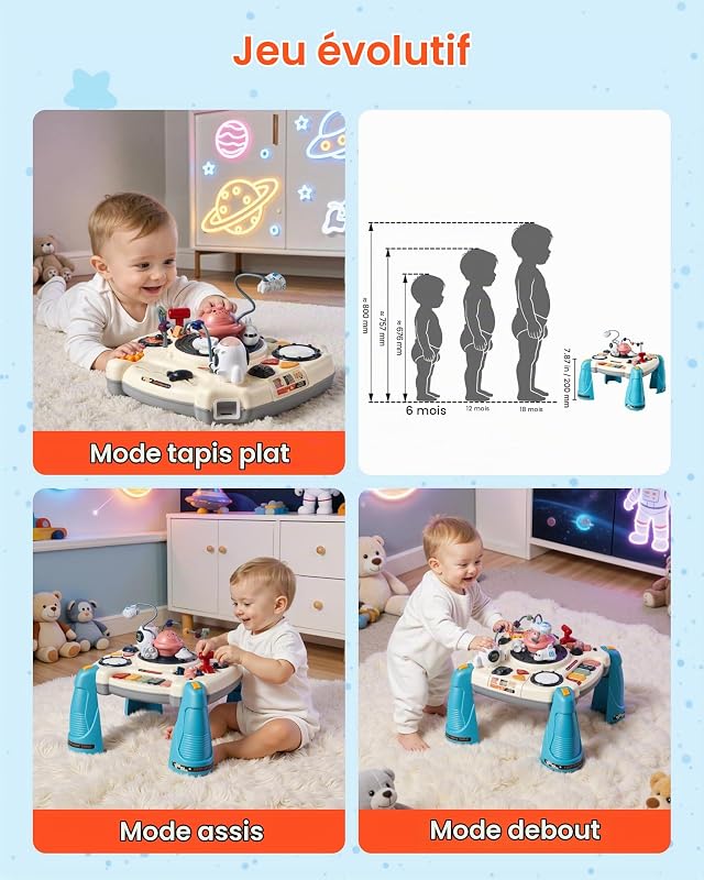 Table Activité Bébé 6 Mois et Plus Table Apprentissage Bébé 12 Jeux Jouet Musical Éducatif pour Éveil Enfants Garçon Fille, avec Projecteur d'Étoiles à Lumière Douce, 60 Sons, Thème de l'espace