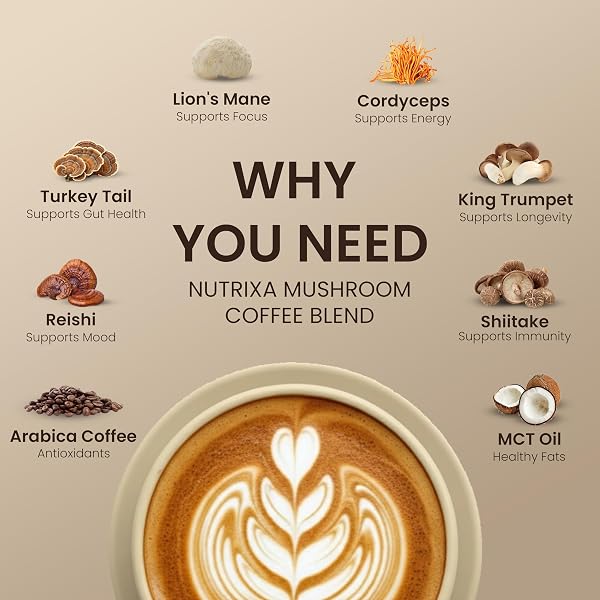 NUTRIXA MUSHROOM COFFEE ORGANIC MEDIUM ROAST 340G (56 SERVINGS) NEW TASTE – 6 ADAPTOGENIC MUSHROOMS FOR ENERGY, FOCUS & GUT HEALTH – INSTANT SUPERFOOD BLEND WITH LIONS MANE, REISHI, CORDYCEPS, TURKEY TAIL, COCONUT & MCT OIL