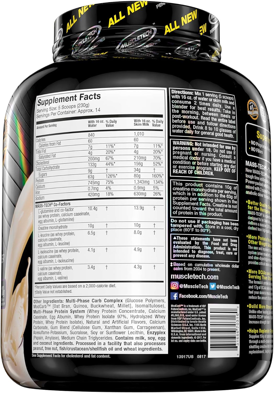 MuscleTech Mass Tech, Scientifically Superior Weight Gain Formula, Vanilla, 7 lbs (3.18kg): Health & Personal Care