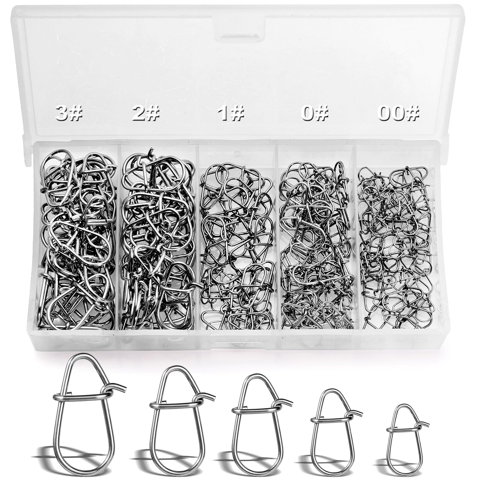 Annyswit 200 Pcs/5 Sizes Duo Lock Sea Fishing Gourd Pin Clip 3# 2# 1# 0# 00# Quick Change Lure Clips Sea Fishing Snap Clips Fishing Tackle for Bass Lures Swivels & Line Connectors