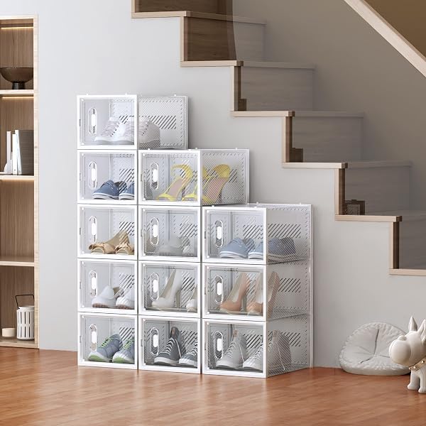 SIMPDIY SHOE BOX, 12 PACK LARGE SHOE STORAGE BOXES CLEAR PLASTIC STACKABLE, SHOE ORGANIZER CONTAINERS WITH LIDS FOR SIZE 13