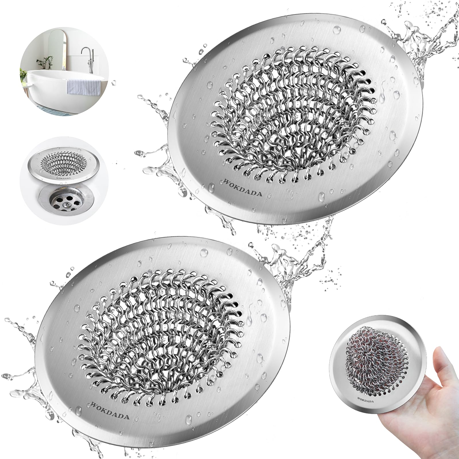 Photo 1 of 2 Pack Wokdada Bathtub Drain Hair Catcher, Wokdada Fast Drainage Shower Drain Hair Catcher, Reversible 304 Stainless Steel Drain Protector for Pop-Up and Regular Drains of Bathroom(Patented Product)