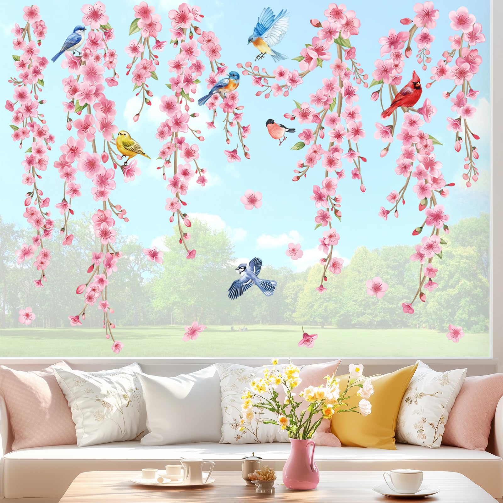 wondever Cherry Blossom Flowers Window Clings Pink Floral Hanging Vine Birds Glass Sticker Decal Anti Collision Double-Side Static Window Stickers for Home Glass Window