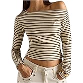 RoseSeek Women's Striped Off The Shoulder Tops Long Sleeve Fitted Cropped Tshirts Elegant Going Out Outfits