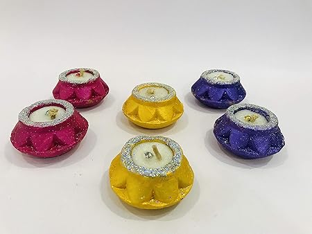 RealLife Multicolor Set of 6 Traditional Handmade Rangoli Clay Designer Diyas with Wax/Mitti Deepak for Diwali, Navratri n Festival Decoration Lightning Diya