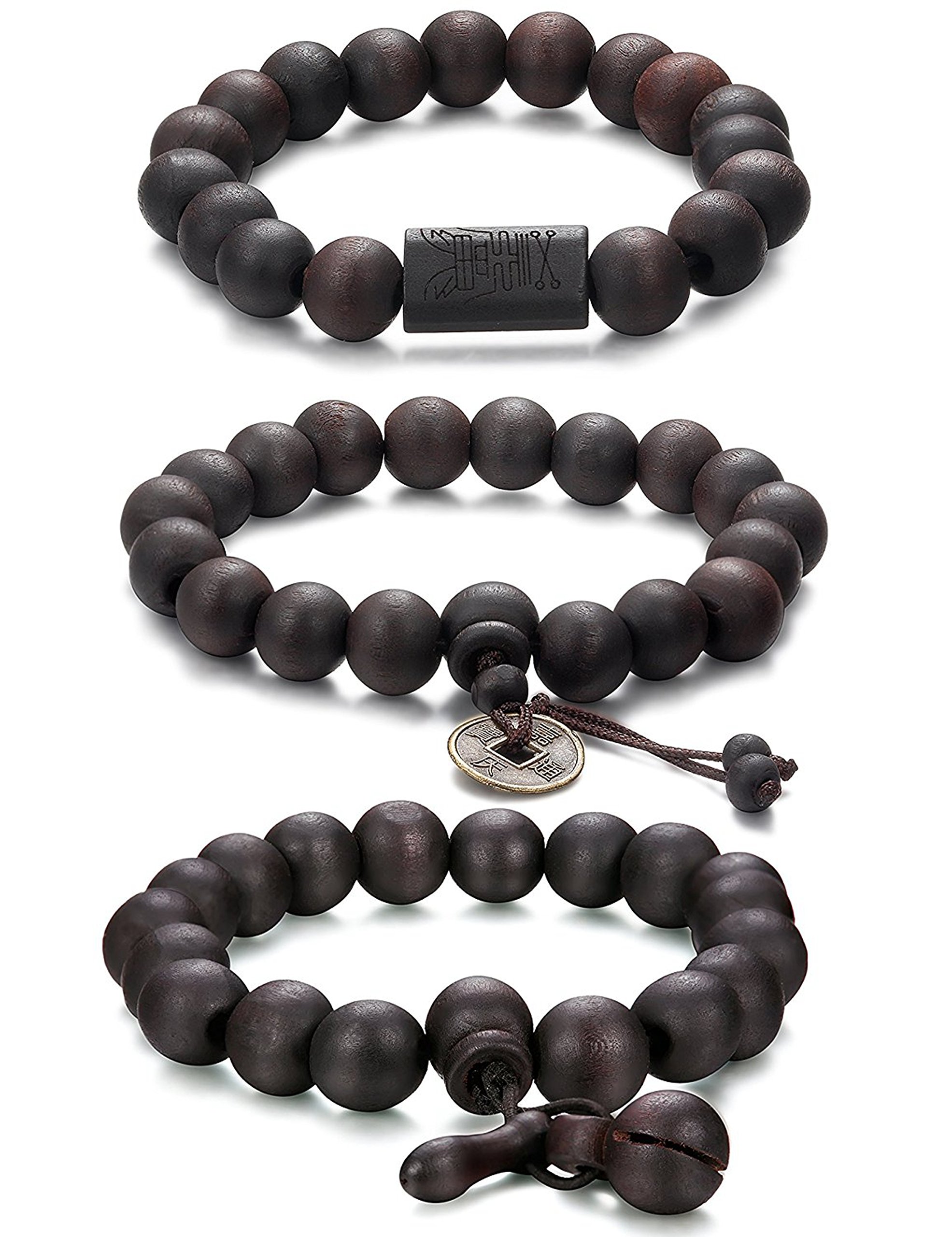 Jstyle 3 Pcs 11mm Wood Bead Bracelet for Men Women Tibetan Buddhist Prayer Link Cool