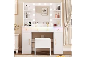 HUANLEGO Vanity Desk with Mirror and Lights, Makeup Vanity with Charging Station & Vanity Stool, 3 Drawers and Cabinets White Vanity Mirror with RGB LED Lights Vanity Desk and Chair for Women