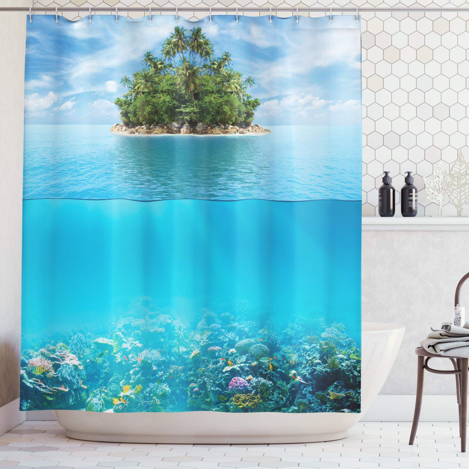 ABAKUHAUS Tropical Shower Curtain, Lonely Small Island on the Ocean