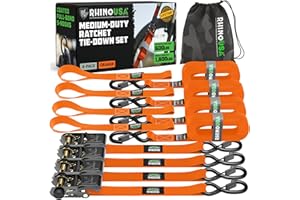 Rhino USA Ratchet Straps Tie Downs (4-Pack) - 1 Inch x 15 Feet (1,823lb Break Strength) - Ultimate Tie Down Straps with Safety S Hooks - for Trucks, Cargo, Moving, Appliances - Orange