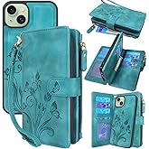 Lacass Compatible with iPhone 14 Plus 6.7 inch Case [ Card Slots] ID Credit Cash Holder Zipper Pocket Detachable Magnet Leather Wallet Cover with Wrist Strap Lanyard(Floral Blue Green)