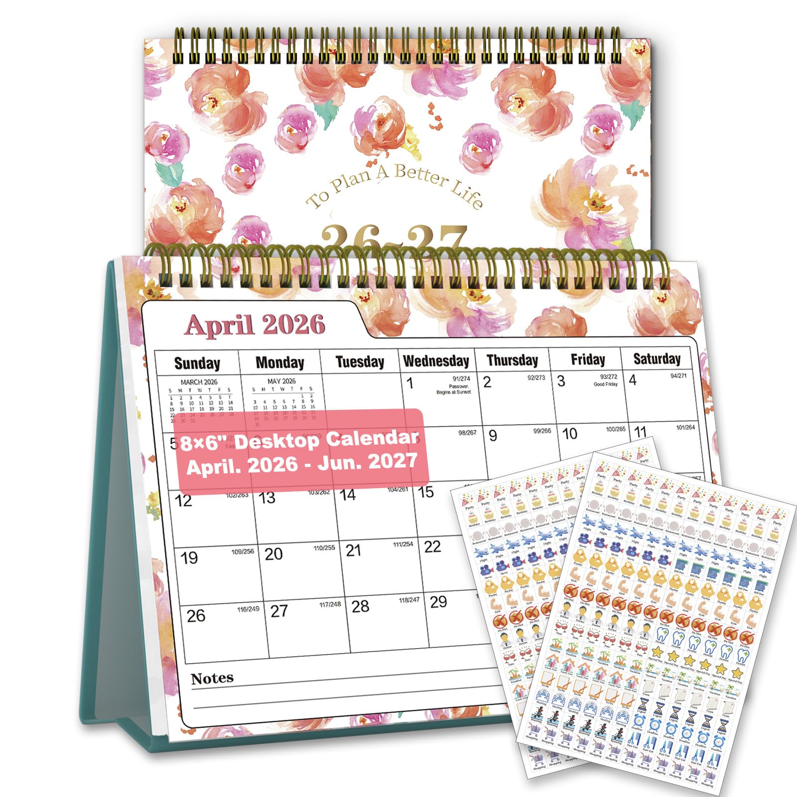 Photo 1 of  2 PCS Small Desk Calendar 2026-2027 - Standing 2026 Desk Calendar, APR.2026 to JUN.2027, 8" x 6", Monthly Flip Desktop Calendar with Stickers, Your Personal Desk Planner for Home Office