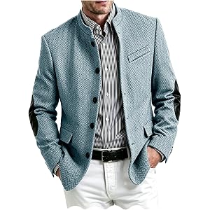 Men's Mandarin Collar Herringbone Tweed Blazer with Leather Elbow Patch | Wool Blend Tweed Sport Coat,Vintage Stand Up Collar