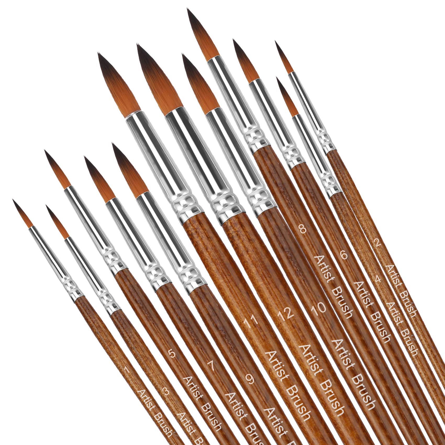 Paint Brushes 12 Pieces Set,Professional Paint Brush Round Pointed Tip Nylon Hair Artist Acrylic Brush for Acrylic Watercolor Oil Painting Body Paint (Brown)