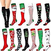 Jinei 12 Pairs Christmas Compression Socks for Women Men, Athletic Knee Christmas Socks 15-20 mmHg for Nurses Travel Pregnancy Christmas Gifts